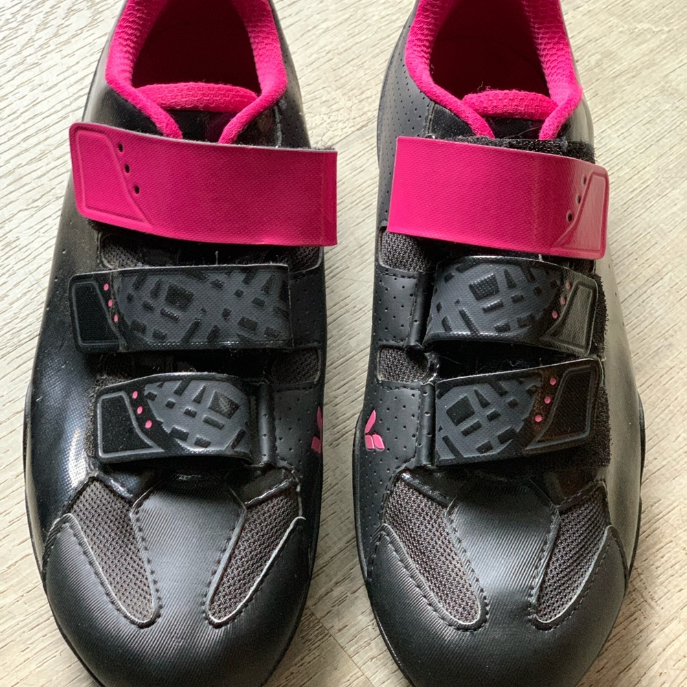 Black & Hot Pink Cycling Shoes with Hook-and-Loop Straps